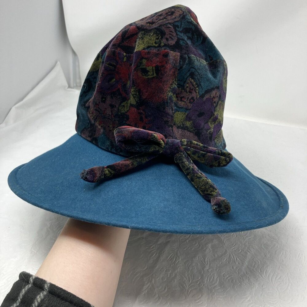 Eric Javits Hat Velvet Velour Bucket Felt Wool Wide Large Brim VTG Boho Teal - Picture 4 of 8